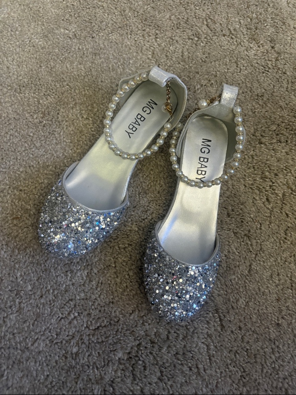 MG Baby Silver Glitter Pearl Strap Flats size 3